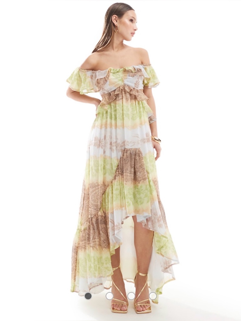 ASOS Green and Brown Floral Ruffled Maxi Dress
